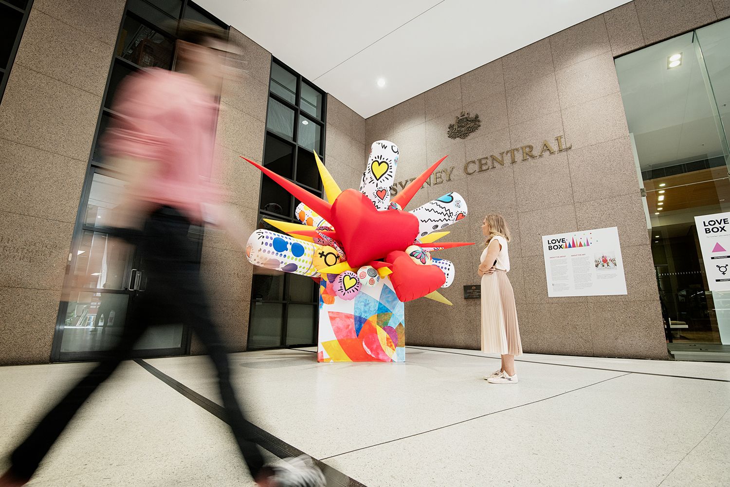 A bright inflatable heart sculpture by Goldberg Aberline Studio in the 477 Pitt St lobby for CBRE