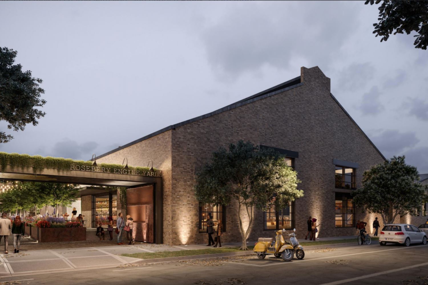 Evening render of the Rosebery Engine Yards brick warehouse with people gathering under its entrance canopy